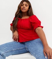 New Look Curves Red Square Neck Textured Puff Sleeve Top